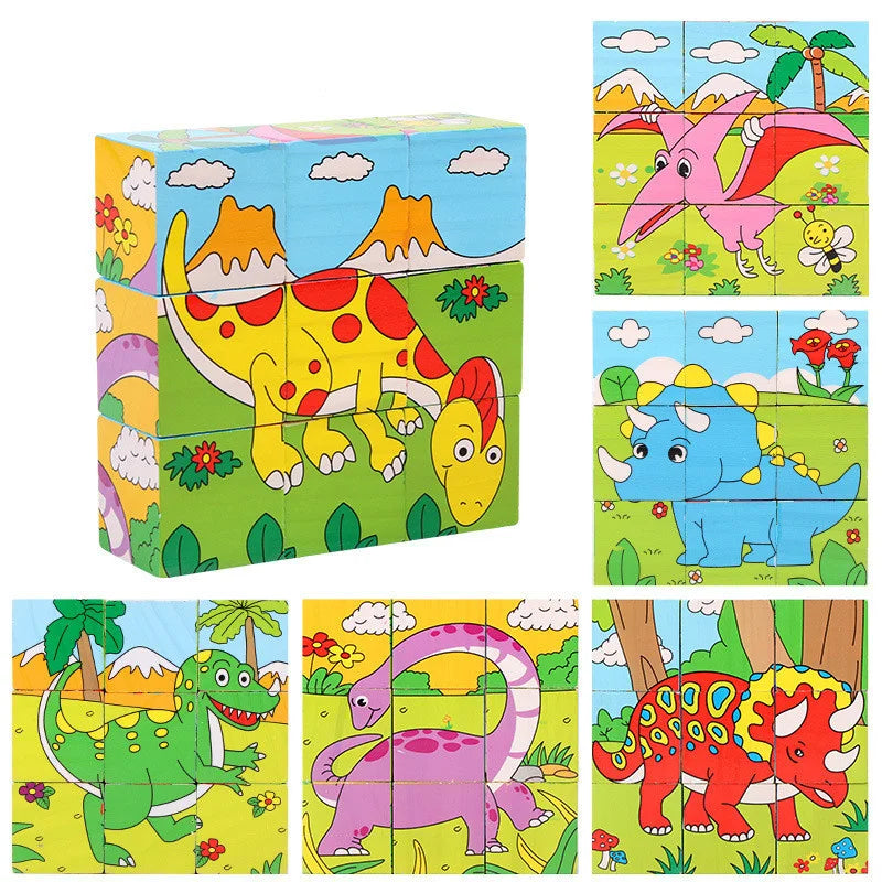 Wooden Blocks Toys Cartoon Animal Six Side Cube Jigsaw Puzzles Game