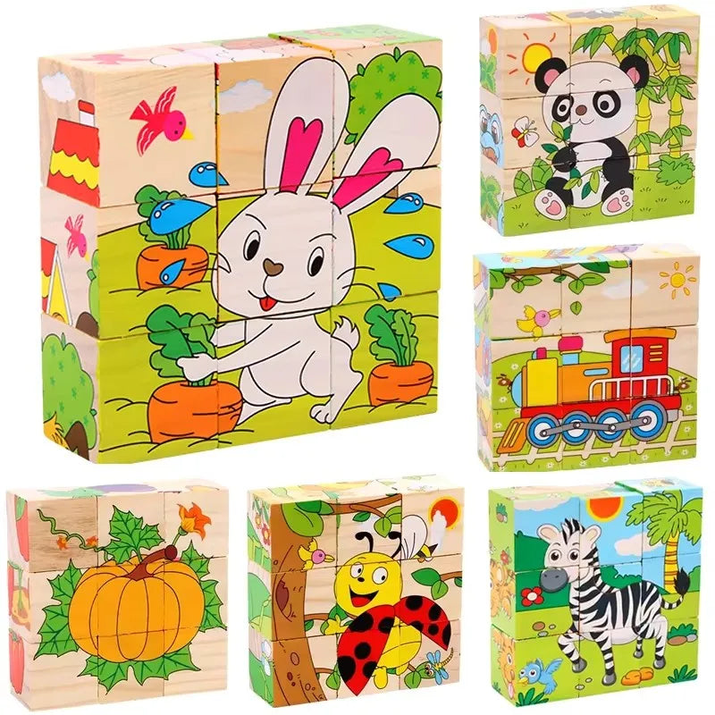 Wooden Blocks Toys Cartoon Animal Six Side Cube Jigsaw Puzzles Game