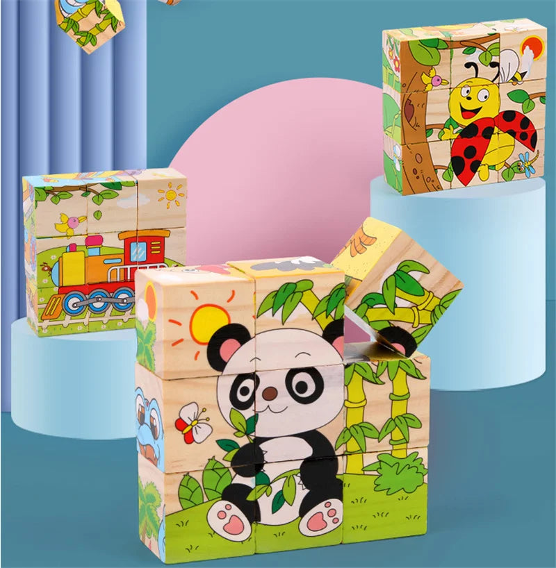 Wooden Blocks Toys Cartoon Animal Six Side Cube Jigsaw Puzzles Game