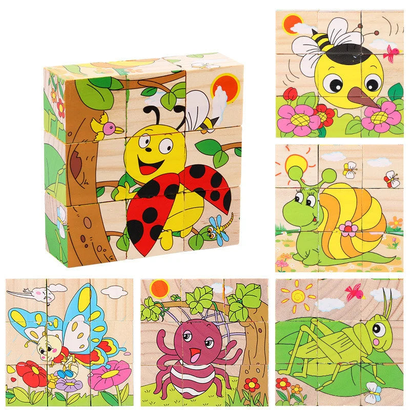 Wooden Blocks Toys Cartoon Animal Six Side Cube Jigsaw Puzzles Game